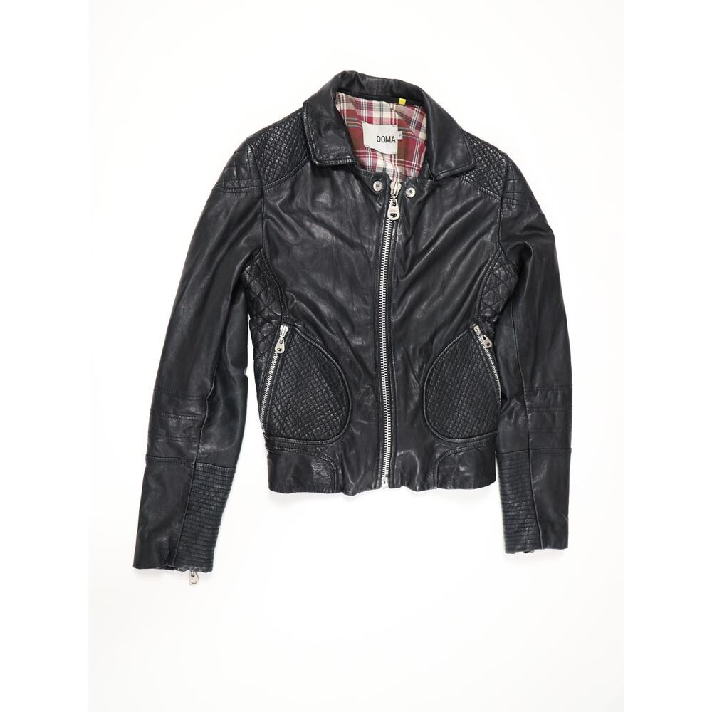 Moto Luxe Biker DOMA 100% Leather Quilted Woven Black Jacket Edgy Chic S - Picture 9 of 16